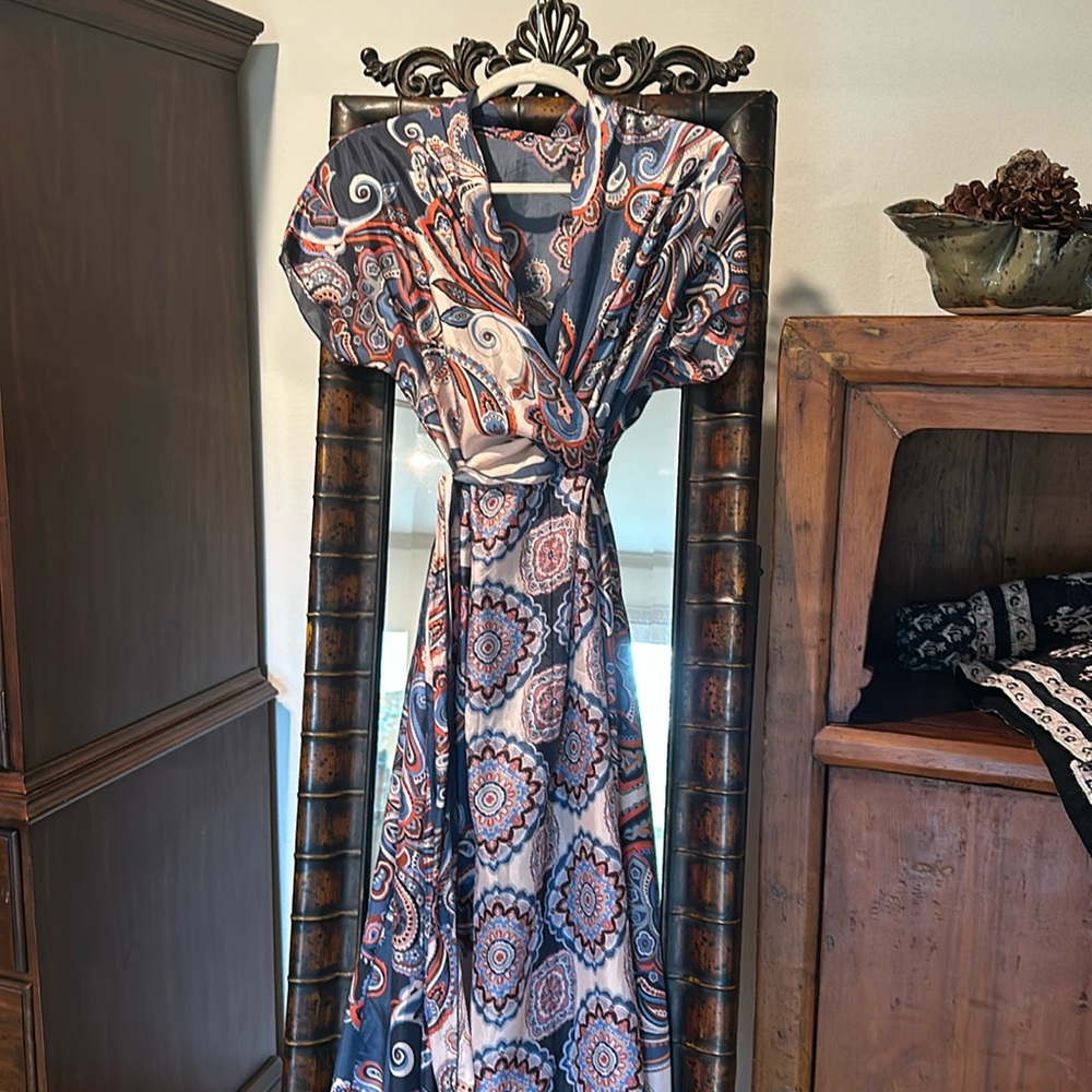 Long silk wrap dress with secondary liner dress
